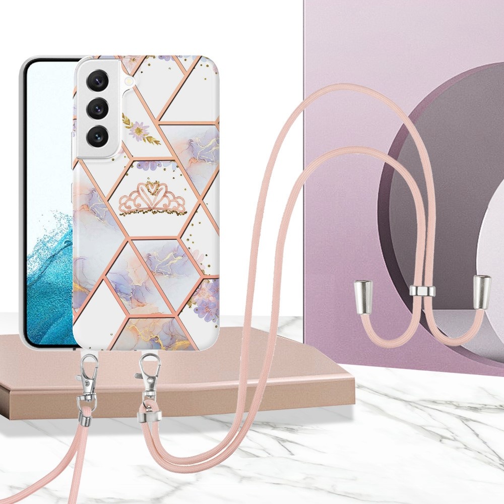 YB IMD Series-4 for Samsung Galaxy S22+ 5G IMD IML Electroplating TPU Case with Lanyard, Marble Flower Pattern Slim Phone Cover - Crown-2