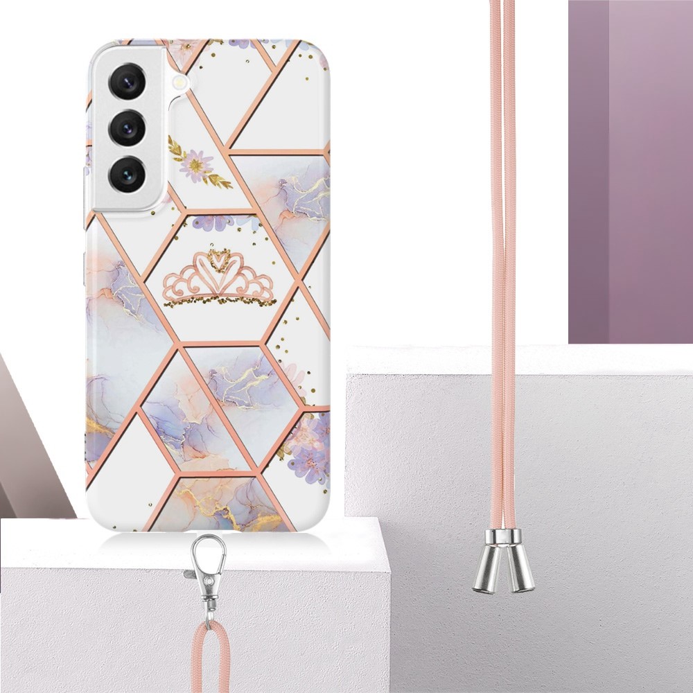 YB IMD Series-4 for Samsung Galaxy S22+ 5G IMD IML Electroplating TPU Case with Lanyard, Marble Flower Pattern Slim Phone Cover - Crown-3