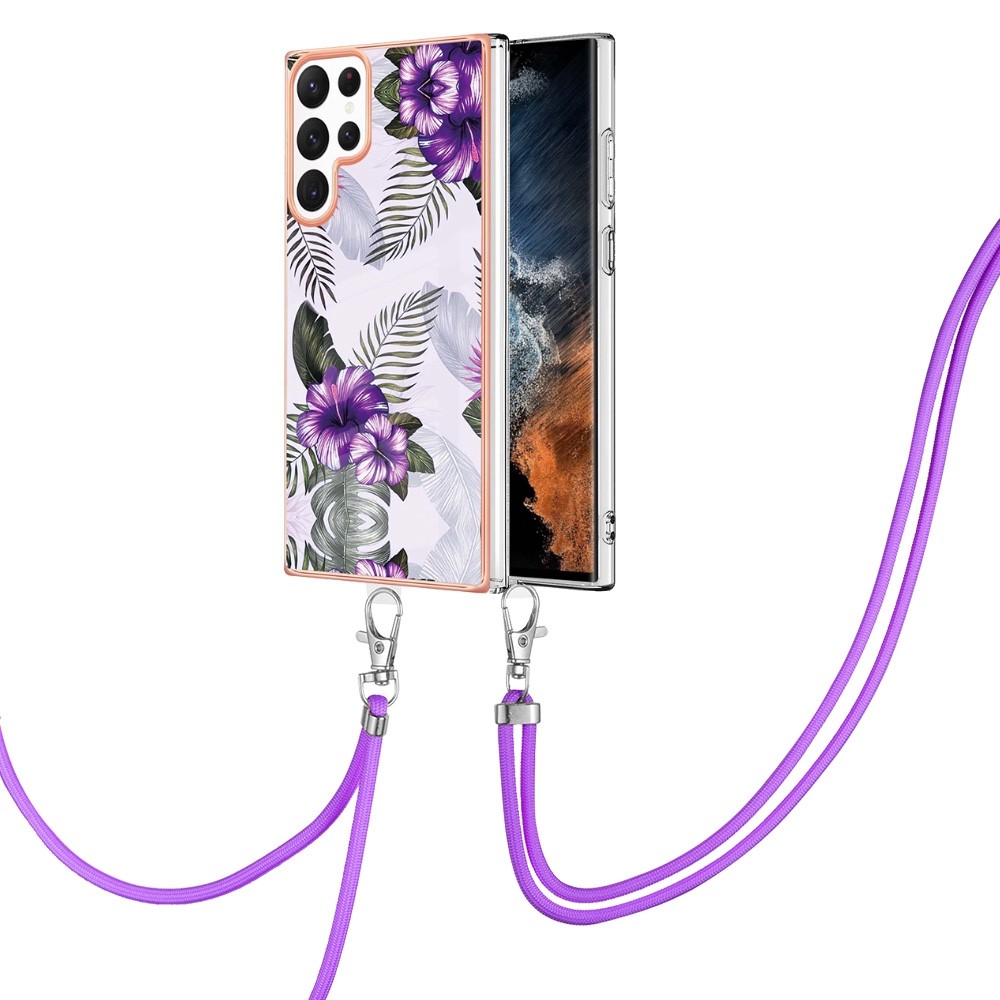 YB IMD Series-4 for Samsung Galaxy S22 Ultra 5G Marble Flower Pattern IMD IML TPU Cover Electroplating Phone Case with Lanyard - Purple Flowers-1