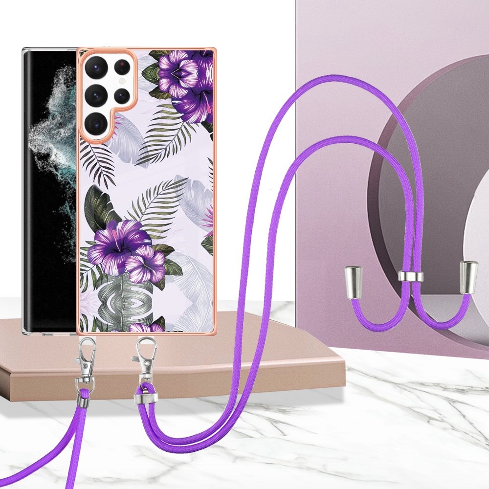 YB IMD Series-4 for Samsung Galaxy S22 Ultra 5G Marble Flower Pattern IMD IML TPU Cover Electroplating Phone Case with Lanyard - Purple Flowers-2