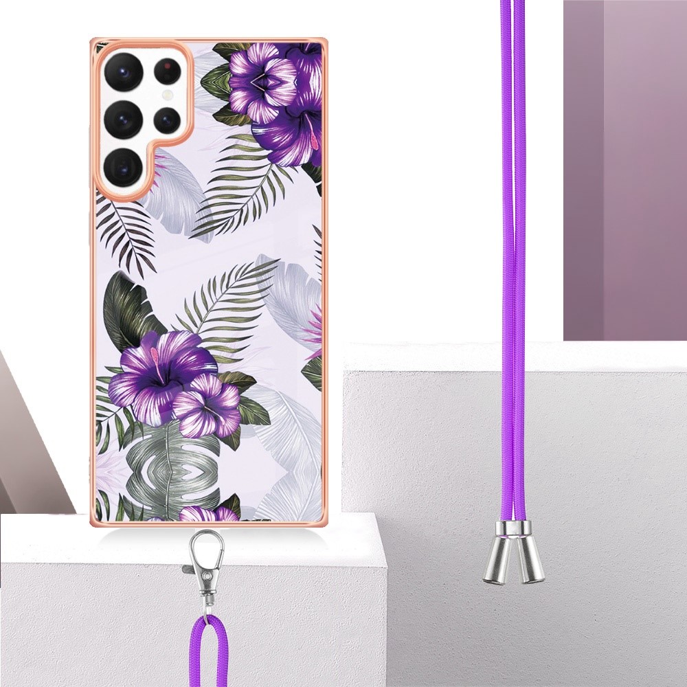 YB IMD Series-4 for Samsung Galaxy S22 Ultra 5G Marble Flower Pattern IMD IML TPU Cover Electroplating Phone Case with Lanyard - Purple Flowers-3