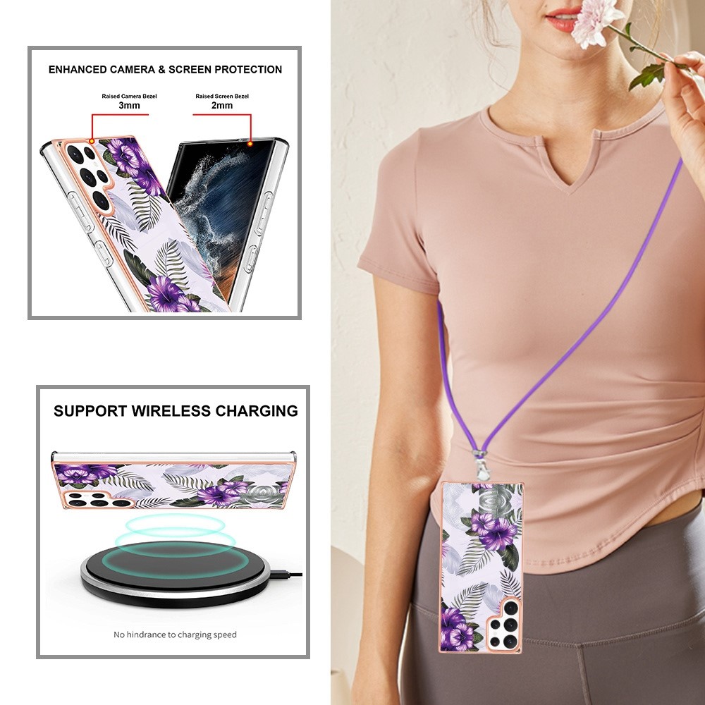 YB IMD Series-4 for Samsung Galaxy S22 Ultra 5G Marble Flower Pattern IMD IML TPU Cover Electroplating Phone Case with Lanyard - Purple Flowers-4