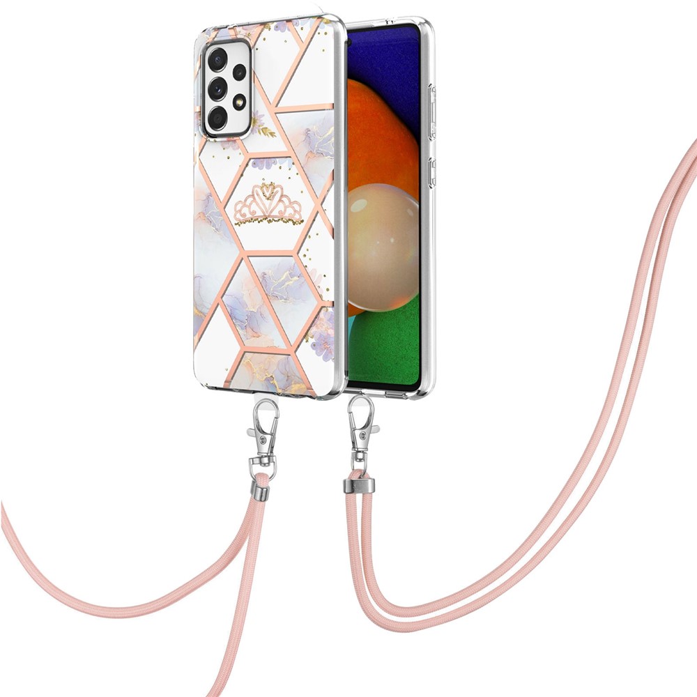 YB IMD Series-4 Electroplating IMD IML TPU Case for Samsung Galaxy A33 5G, Marble Flower Pattern Phone Cover with Lanyard - Crown-1