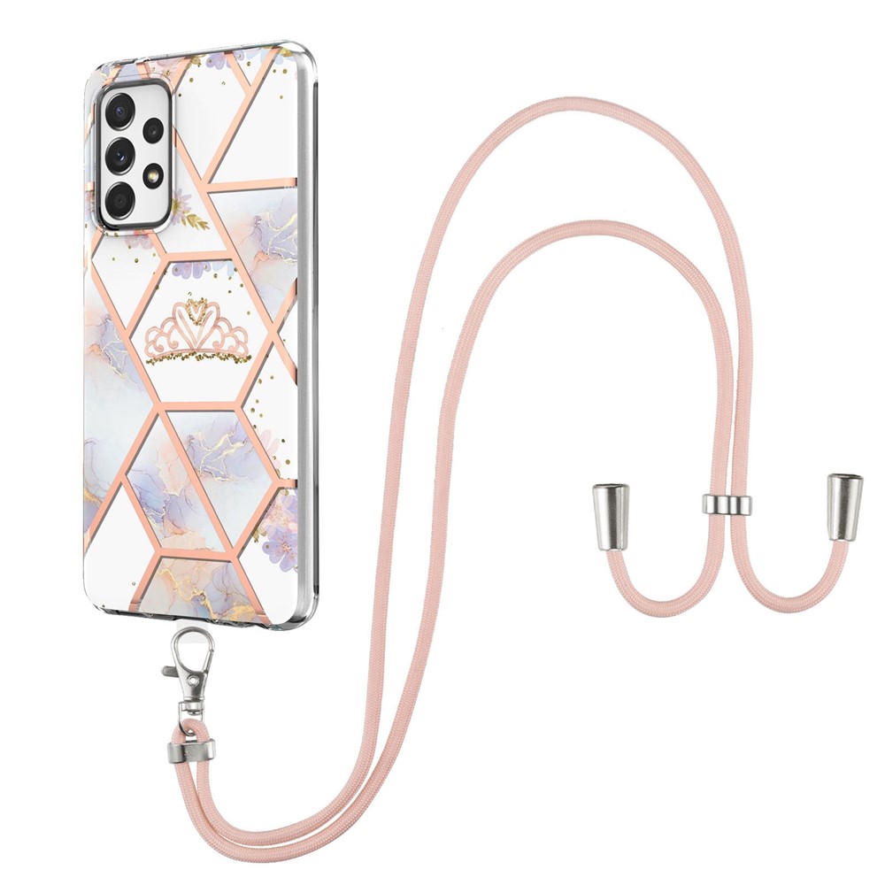 YB IMD Series-4 Electroplating IMD IML TPU Case for Samsung Galaxy A33 5G, Marble Flower Pattern Phone Cover with Lanyard - Crown-2