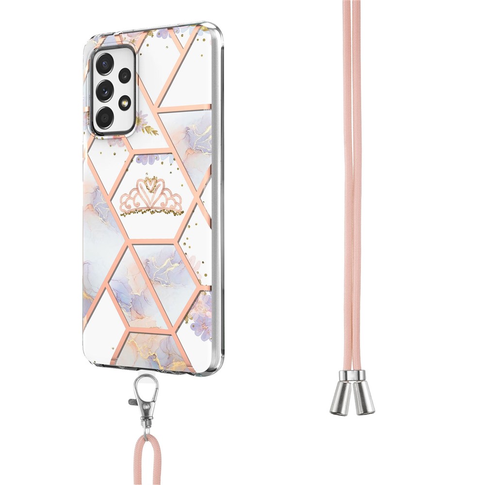 YB IMD Series-4 Electroplating IMD IML TPU Case for Samsung Galaxy A33 5G, Marble Flower Pattern Phone Cover with Lanyard - Crown-3