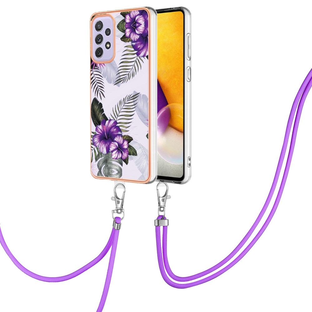 YB IMD Series-4 IMD IML TPU Phone Cover for Samsung Galaxy A53 5G, Electroplating Marble Flower Pattern Case with Lanyard - Purple Flowers-1