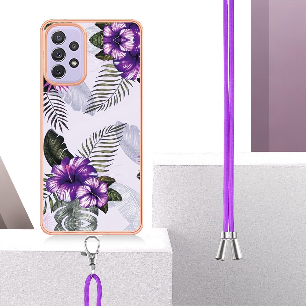 YB IMD Series-4 IMD IML TPU Phone Cover for Samsung Galaxy A53 5G, Electroplating Marble Flower Pattern Case with Lanyard - Purple Flowers-3