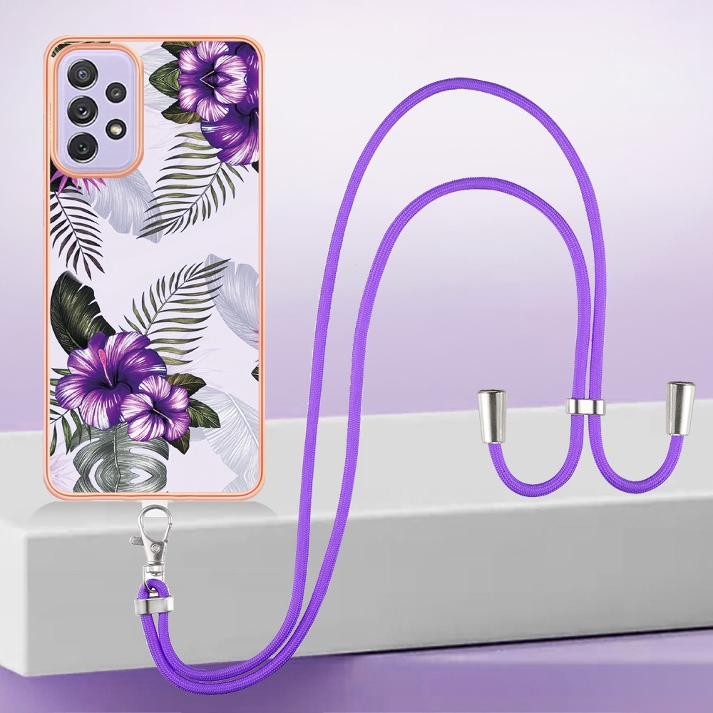 YB IMD Series-4 IMD IML TPU Phone Cover for Samsung Galaxy A53 5G, Electroplating Marble Flower Pattern Case with Lanyard - Purple Flowers-5