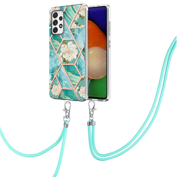 YB IMD Series-4 TPU Case with Lanyard for Samsung Galaxy A73 5G, Marble Flower Pattern IMD IML Electroplating Phone Cover - Orchid-1