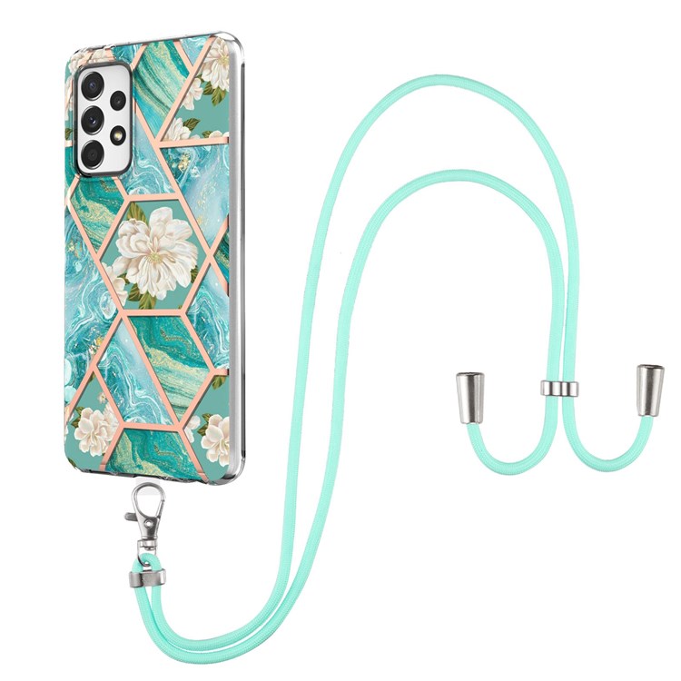 YB IMD Series-4 TPU Case with Lanyard for Samsung Galaxy A73 5G, Marble Flower Pattern IMD IML Electroplating Phone Cover - Orchid-2