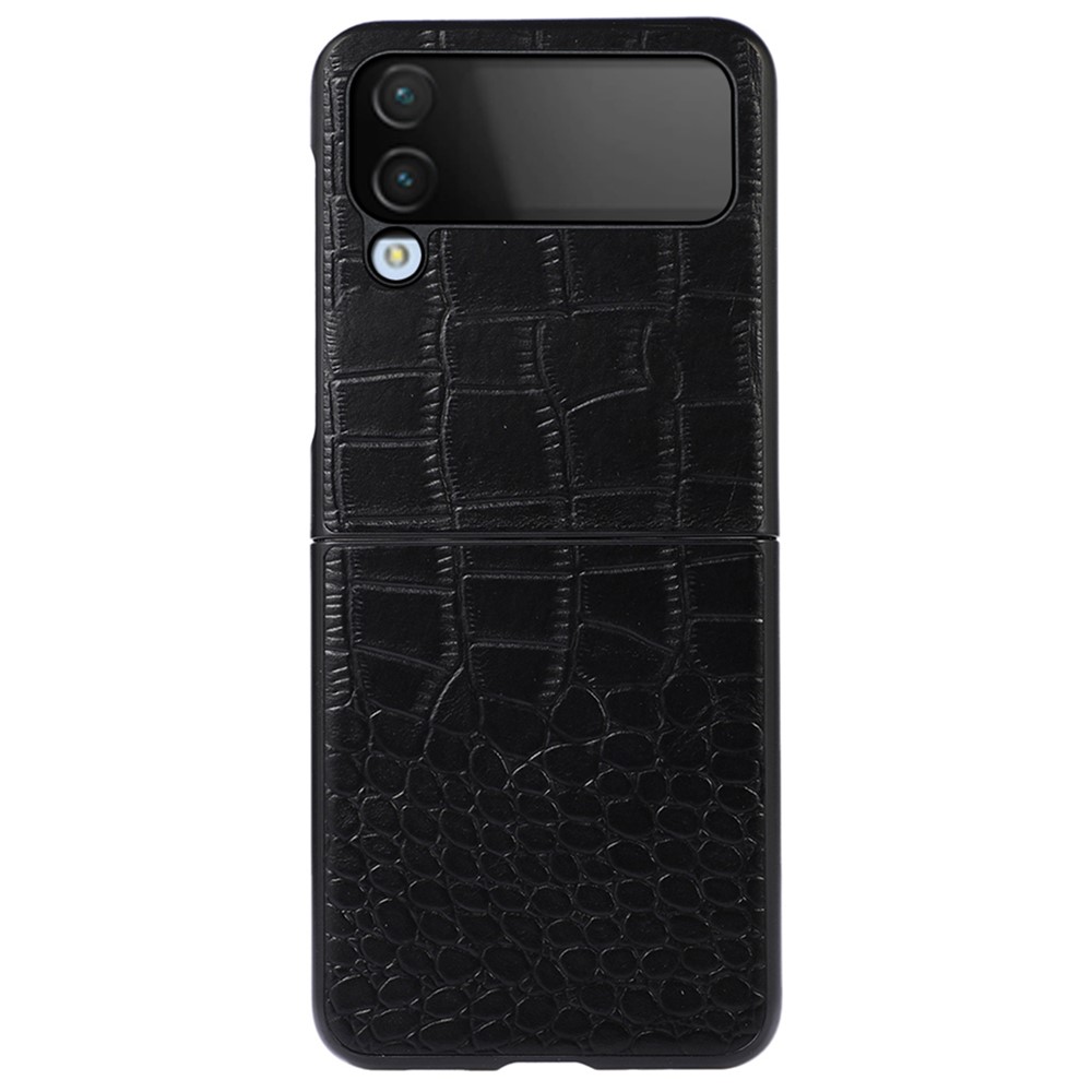 For Samsung Galaxy Z Flip4 5G Wear-resistant Crocodile Texture Anti-fall Genuine Cowhide Leather Coated PC Phone Cover - Black-1