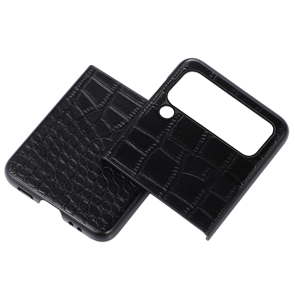 Pour Samsung Galaxy Z Flip4 5G Texture de Crocodile Résistant à L'usure Anti-automne Couverture de Téléphone PC Revêtu de Cuir de Vache Authentique - le Noir-2