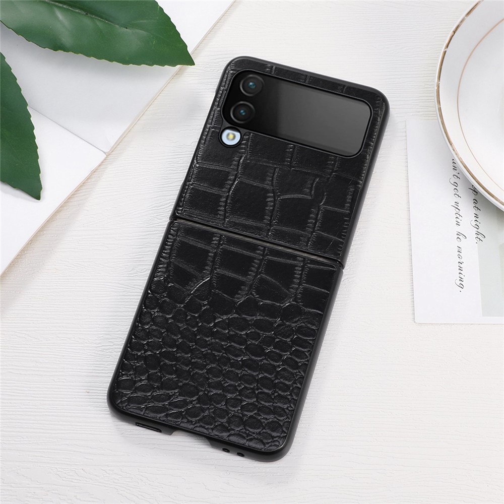 For Samsung Galaxy Z Flip4 5G Wear-resistant Crocodile Texture Anti-fall Genuine Cowhide Leather Coated PC Phone Cover - Black-3