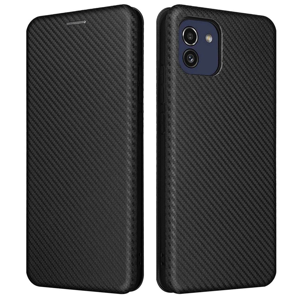 For Samsung Galaxy A03 (166.5 x 75.98 x 9.14mm) Wear Resistant Phone Protective Cover with Card Slot Folio Stand Magnetic Carbon Fiber Texture PU Leather Flip Case - Black-1