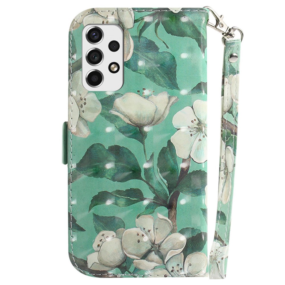 For Samsung Galaxy A33 5G PU Leather 3D Pattern Printing Wallet Case Stand Magnetic Shockproof Protective Phone Cover with Wrist Strap - Watercolor Flowers-7