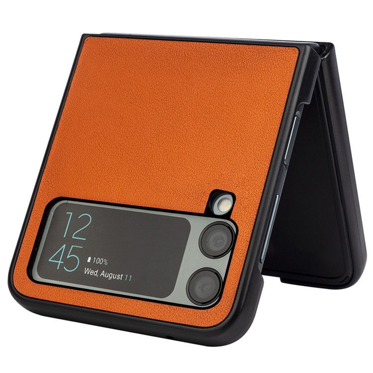Anti-scratch Folding Phone Case for Samsung Galaxy Z Flip4 5G, Genuine Leather Coated Hard PC Back Cover - Orange-3