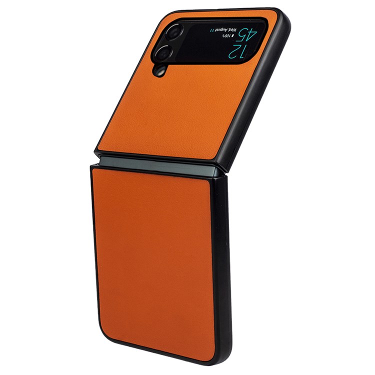 Anti-scratch Folding Phone Case for Samsung Galaxy Z Flip4 5G, Genuine Leather Coated Hard PC Back Cover - Orange-4