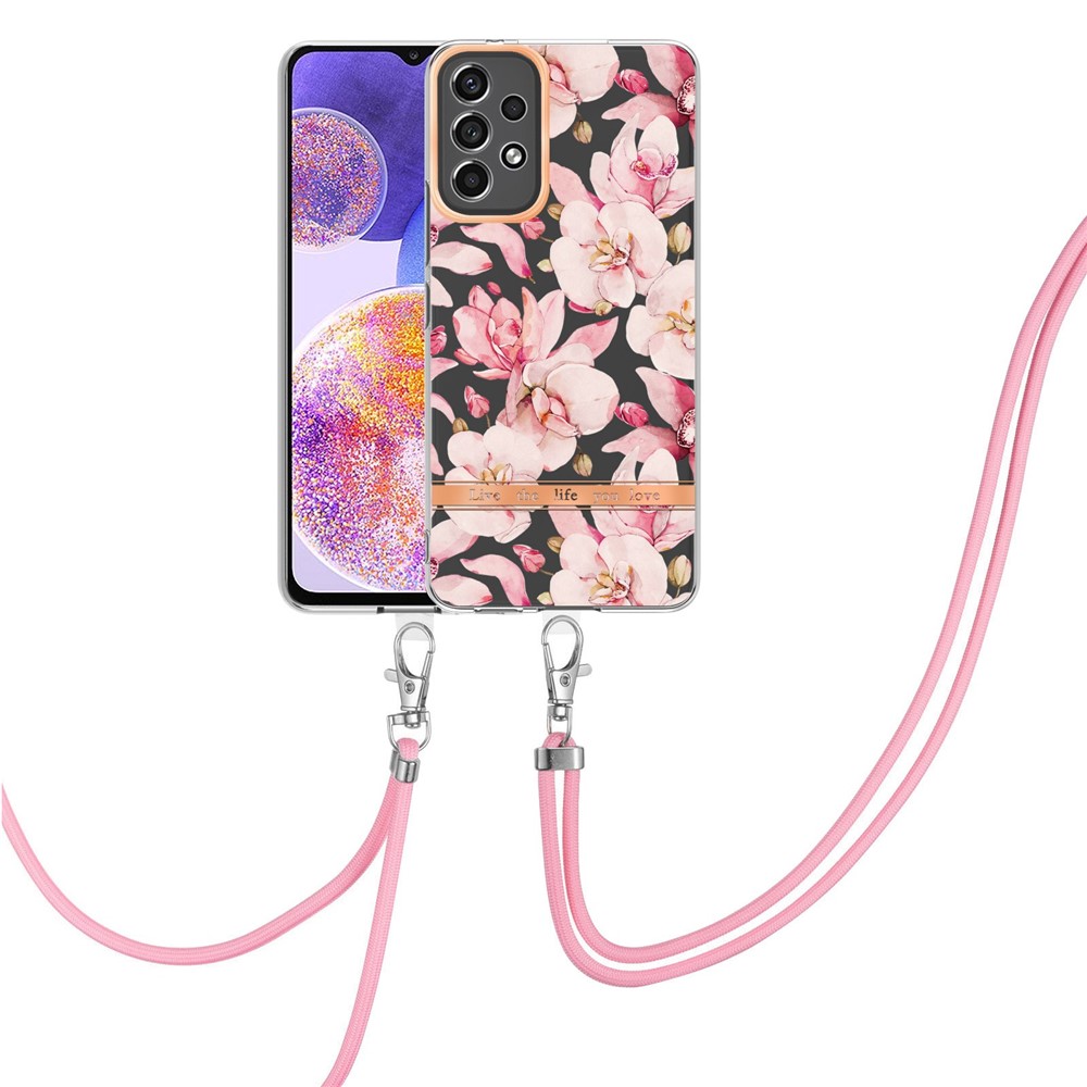 YB IMD-11 Series Phone Case for Samsung Galaxy A23 4G (165.4 x 76.9 x 8.4mm), Soft TPU IMD Anti-wear Stylish Flower Pattern Electroplating Cover with Lanyard - HC005 Pink Gardenia-1
