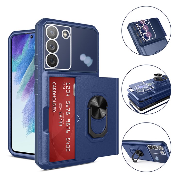 For Samsung Galaxy S21 FE 5G Rotary Kickstand Anti-wear Phone Cover Sliding Card Holder Micron Lens Film Design Case TPU + PC Phone Shell - Sapphire/Blue-2