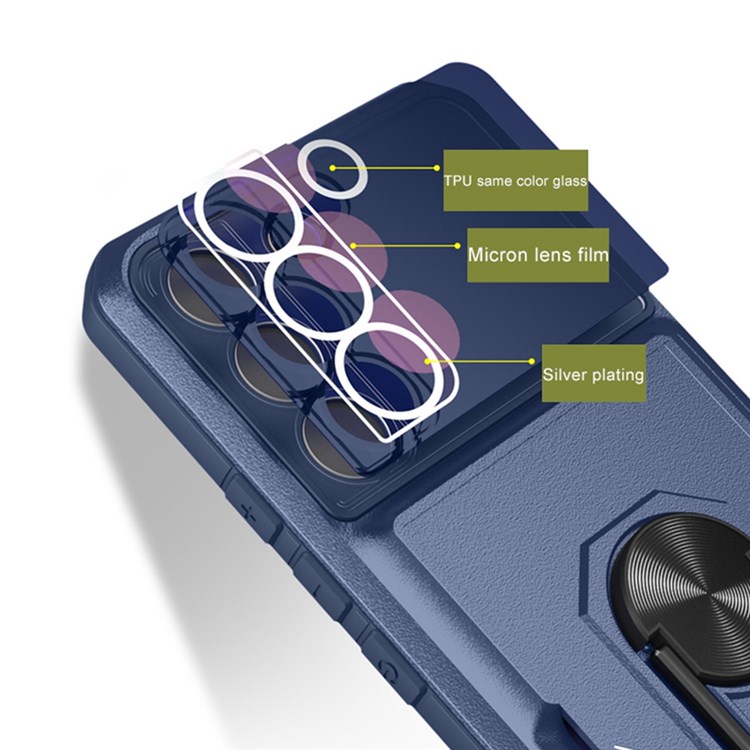 For Samsung Galaxy S21 FE 5G Rotary Kickstand Anti-wear Phone Cover Sliding Card Holder Micron Lens Film Design Case TPU + PC Phone Shell - Sapphire/Blue-3