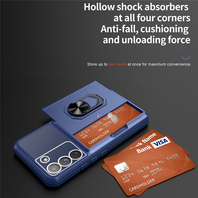 For Samsung Galaxy S21 FE 5G Rotary Kickstand Anti-wear Phone Cover Sliding Card Holder Micron Lens Film Design Case TPU + PC Phone Shell - Sapphire/Blue-4