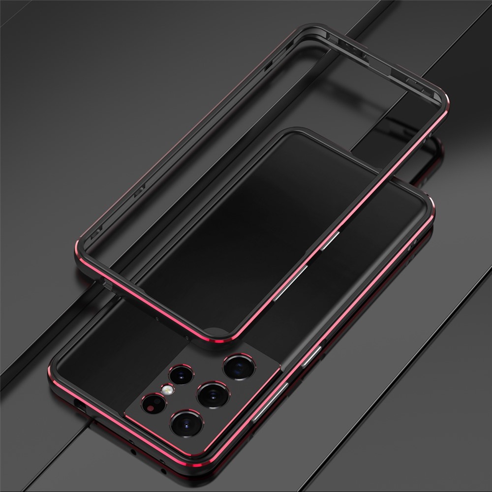 For Samsung Galaxy S21 Ultra 5G Metal Bumper Frame Case Raised Edge Protection with Camera Lens Cover - Black/Red-2