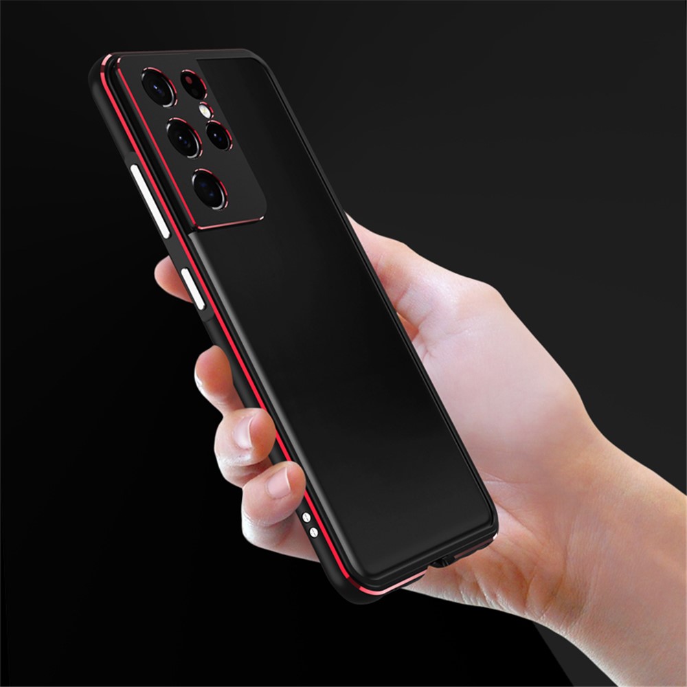 For Samsung Galaxy S21 Ultra 5G Metal Bumper Frame Case Raised Edge Protection with Camera Lens Cover - Black/Red-5
