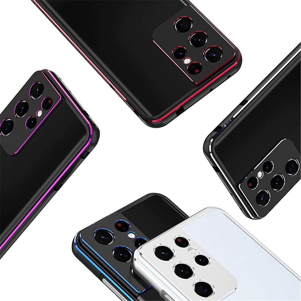 For Samsung Galaxy S21 Ultra 5G Metal Bumper Frame Case Raised Edge Protection with Camera Lens Cover - Black/Red-7