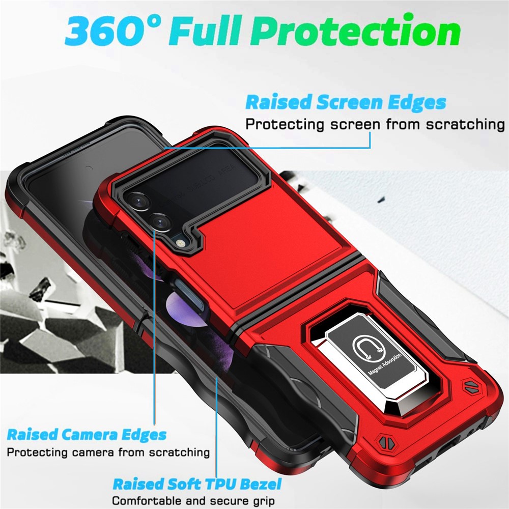 For Samsung Galaxy Z Flip4 5G Hard PC Soft TPU Shock Absorption Phone Case Rotating Ring Holder Kickstand Cover - Red-3