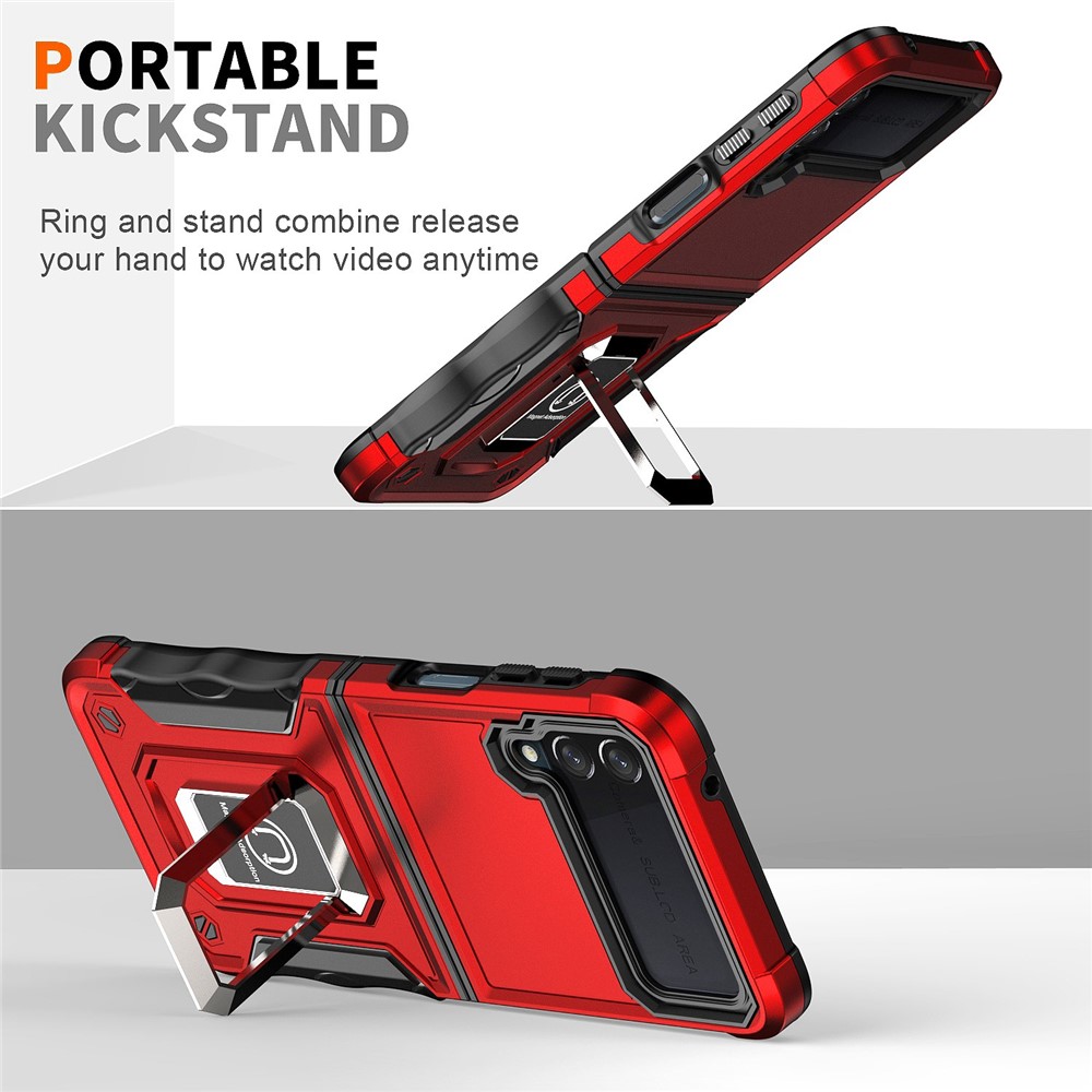 For Samsung Galaxy Z Flip4 5G Hard PC Soft TPU Shock Absorption Phone Case Rotating Ring Holder Kickstand Cover - Red-5