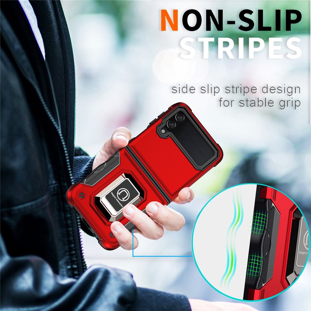 For Samsung Galaxy Z Flip4 5G Hard PC Soft TPU Shock Absorption Phone Case Rotating Ring Holder Kickstand Cover - Red-6