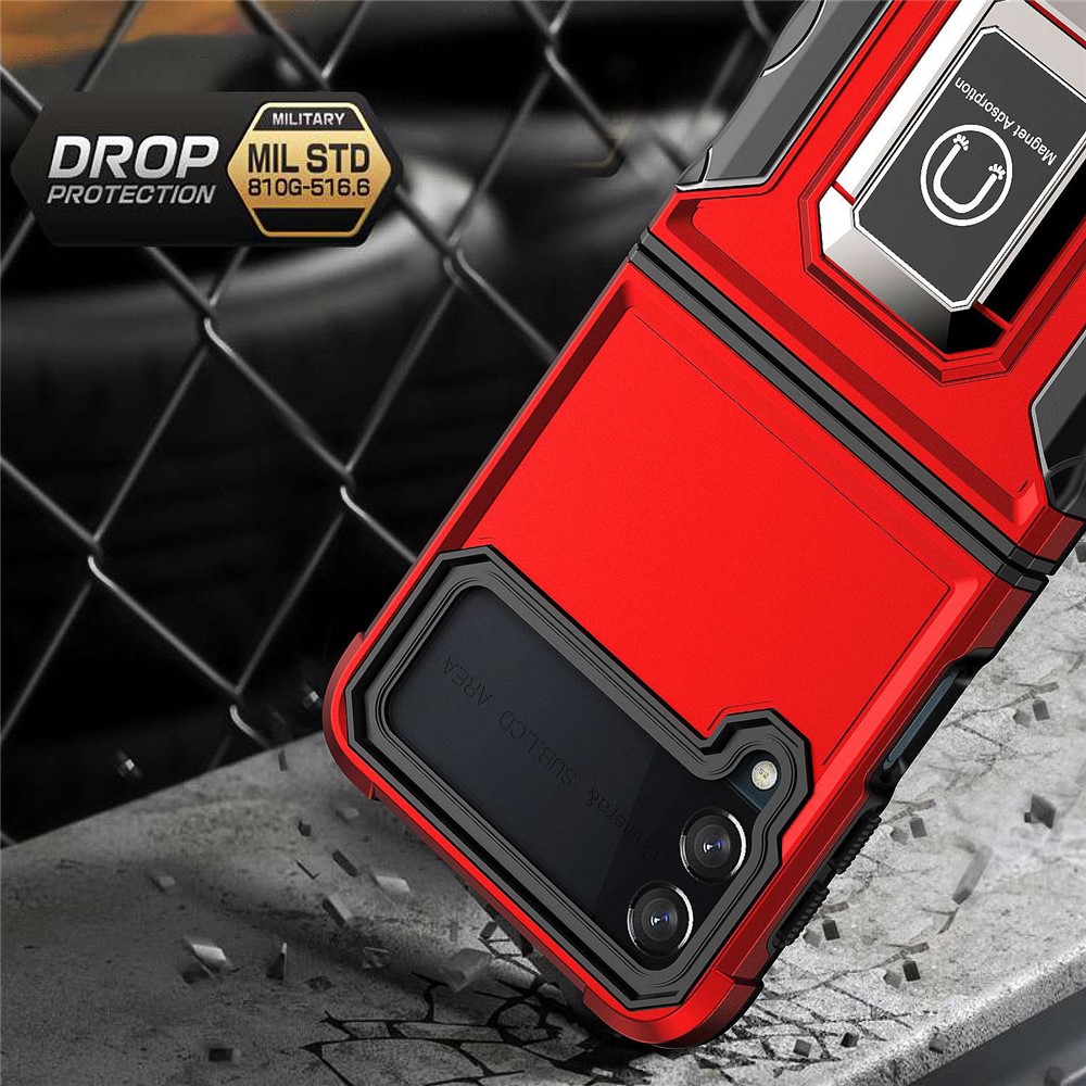 For Samsung Galaxy Z Flip4 5G Hard PC Soft TPU Shock Absorption Phone Case Rotating Ring Holder Kickstand Cover - Red-8