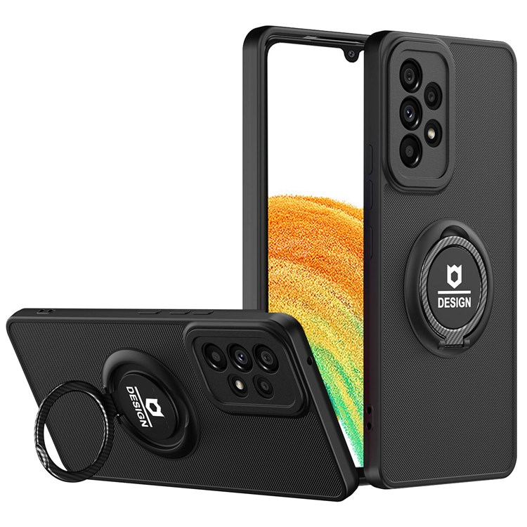 For Samsung Galaxy A33 5G Anti-scratch Hard PC+ TPU Phone Case Cover Protective Shell with Foldable Ring Kickstand - Black/Black-1