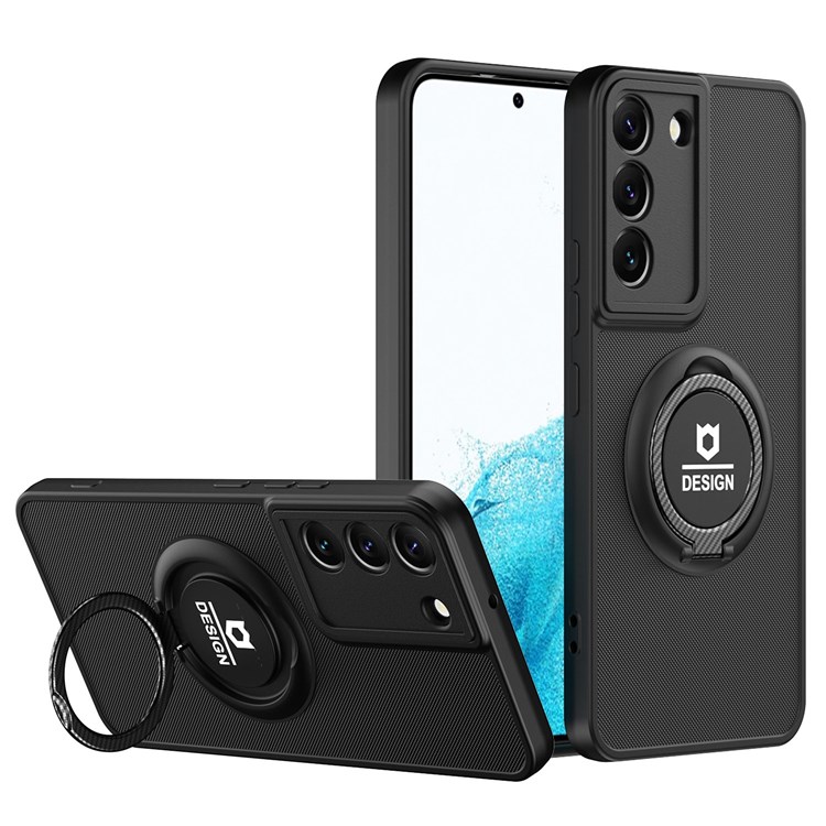 Hard PC+ TPU Phone Case, for Samsung Galaxy S22 5G Shockproof Back Mobile Cover Protective Shell with Ring Kickstand - Black/Black-1