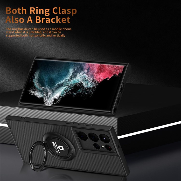 Ring Kickstand Design Hybrid Mobile Cases, for Samsung Galaxy S22 Ultra 5G Anti-falling Phone Cover Shell Protector - Black/Black-4