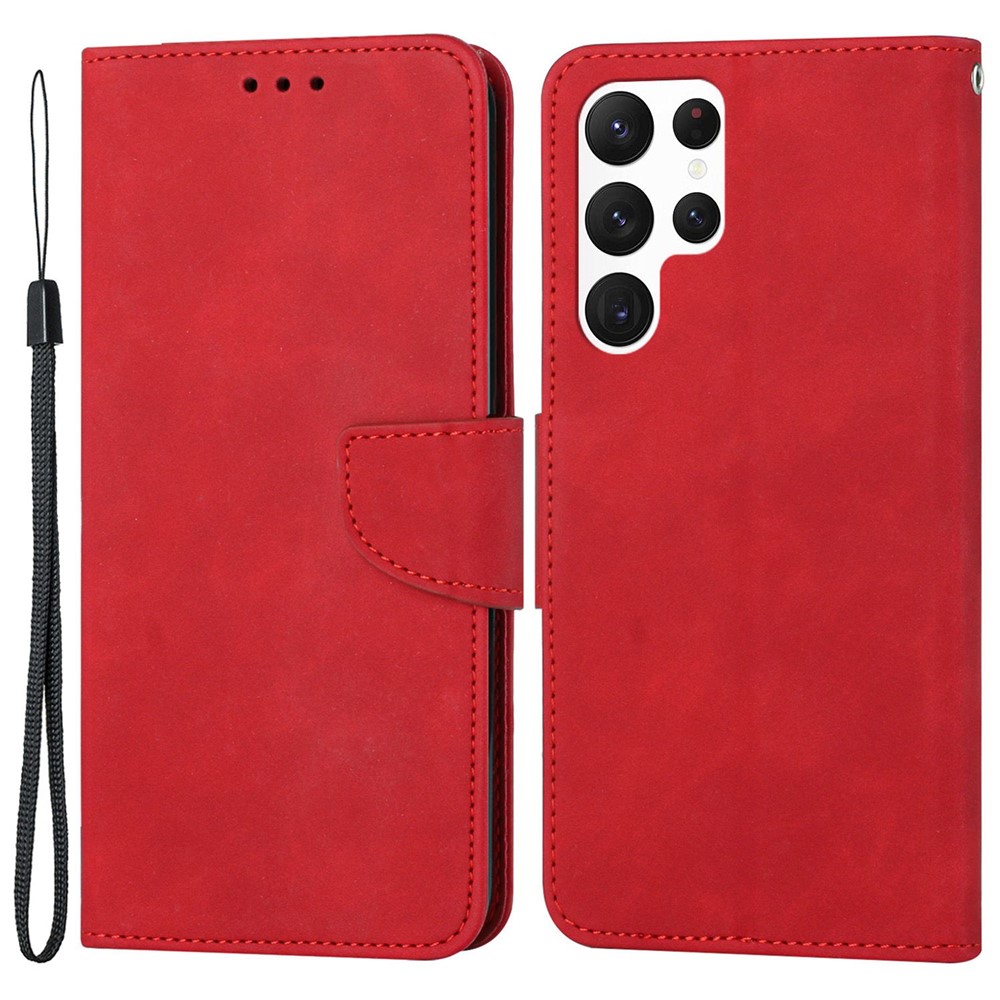 For Samsung Galaxy S22 Ultra 5G Solid Color Drop-proof Phone Case PU Leather Wallet Stand Cover - Red-1
