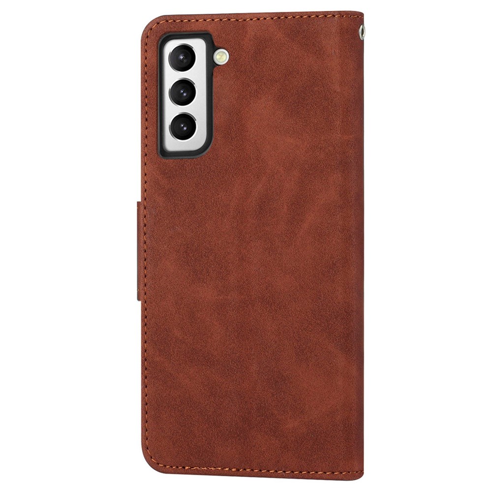 For Samsung Galaxy S22 5G Anti-drop Phone Case Solid Color Calf Textured PU Leather Cover Wallet Stand with Magnetic Clasp - Brown-9