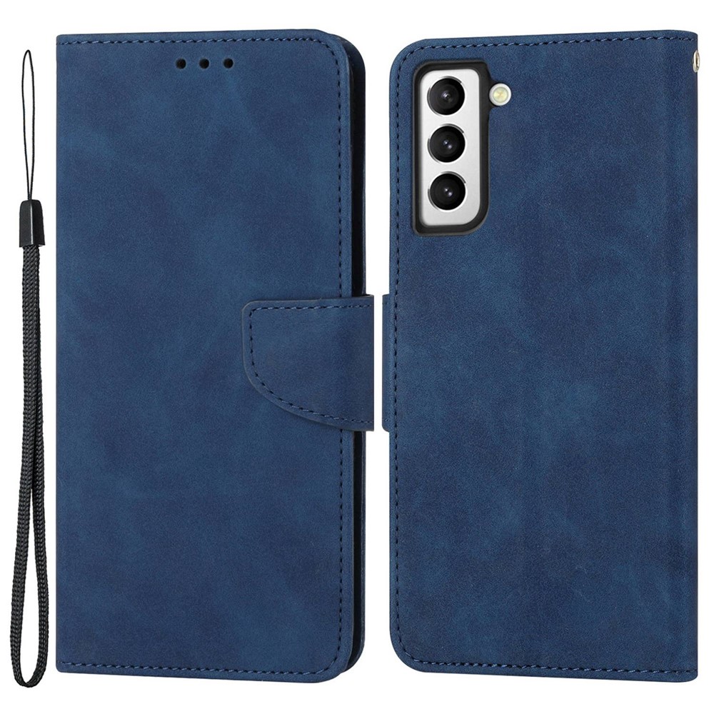 For Samsung Galaxy S22+ 5G Solid Color Drop-proof Phone Case Full Coverage PU Leather Wallet Stand Cover - Blue-1