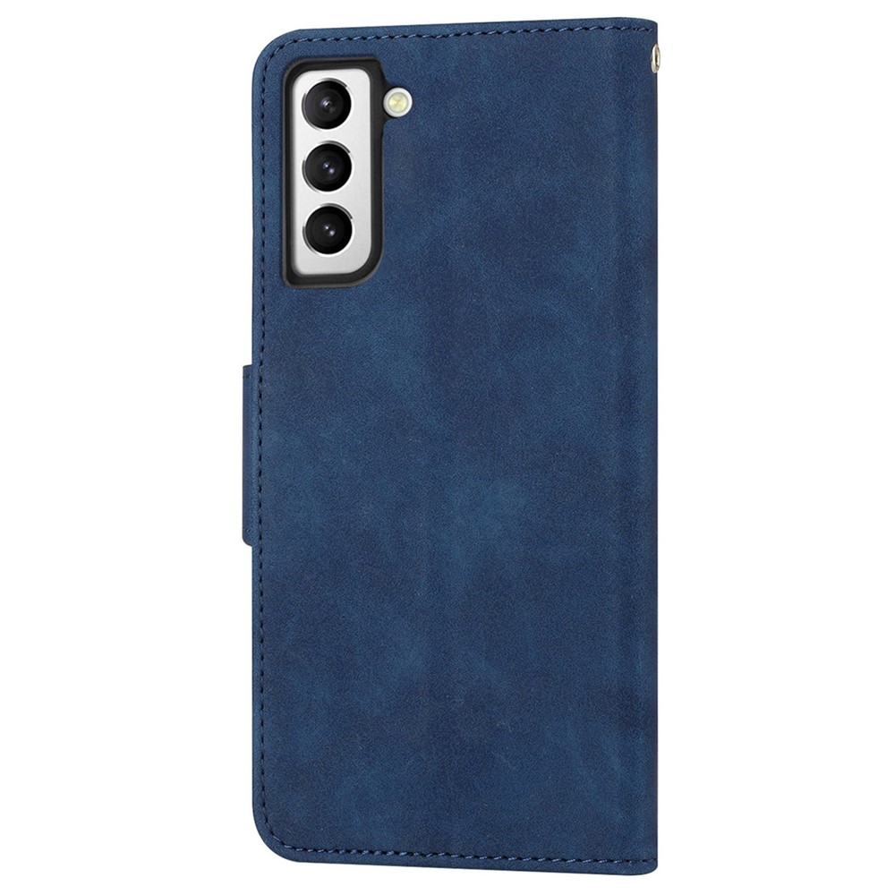 For Samsung Galaxy S22+ 5G Solid Color Drop-proof Phone Case Full Coverage PU Leather Wallet Stand Cover - Blue-9