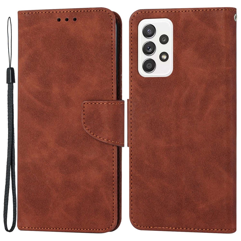 For Samsung Galaxy A53 5G Drop-proof Solid Color Calf Textured Magnetic Clasp PU Leather Case Wallet Stand Anti-scratch Phone Cover - Brown-1