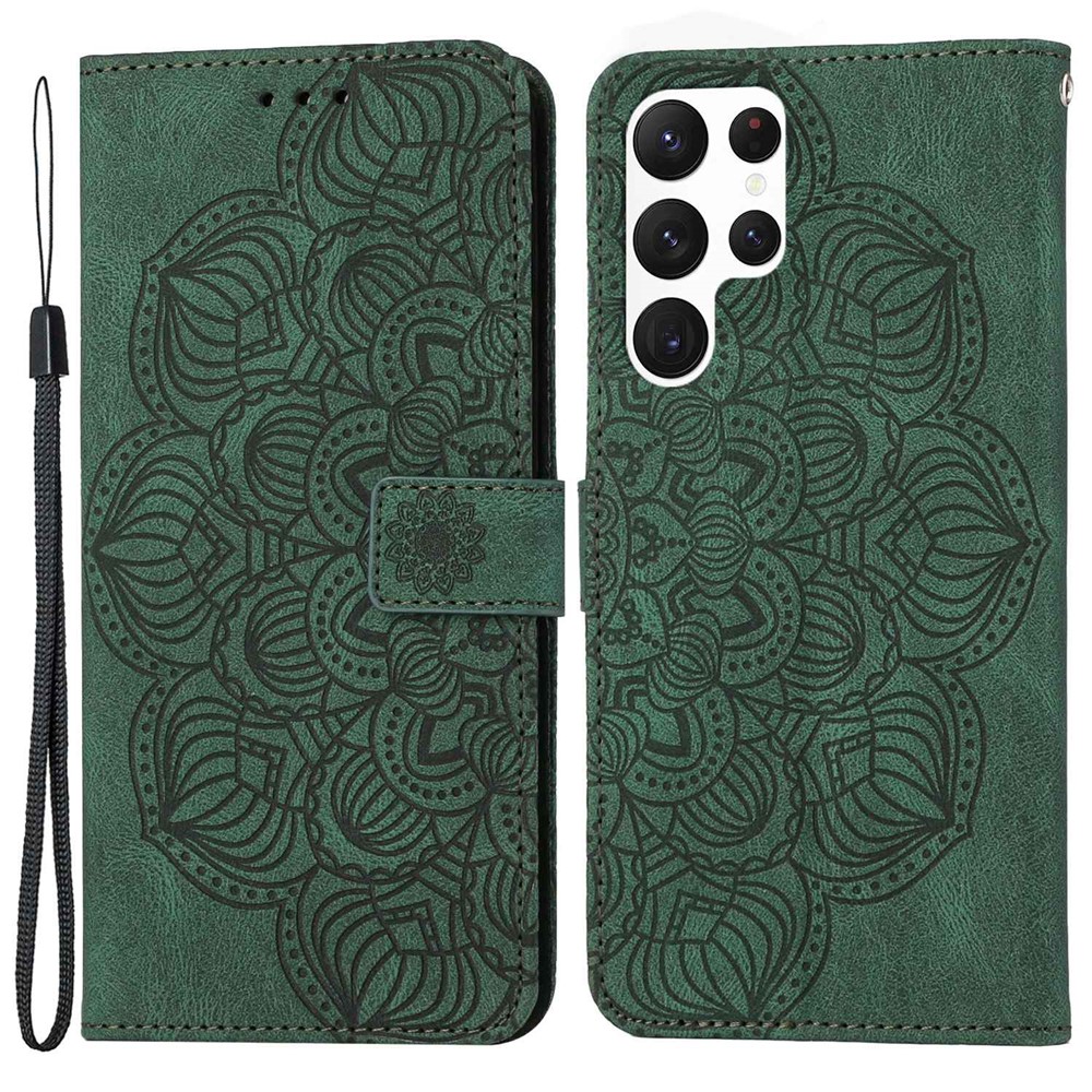 Mandala Flower Imprinted Phone Case for Samsung Galaxy S22 Ultra 5G, PU Leather Stand Wallet Full Protection Cover - Green-1