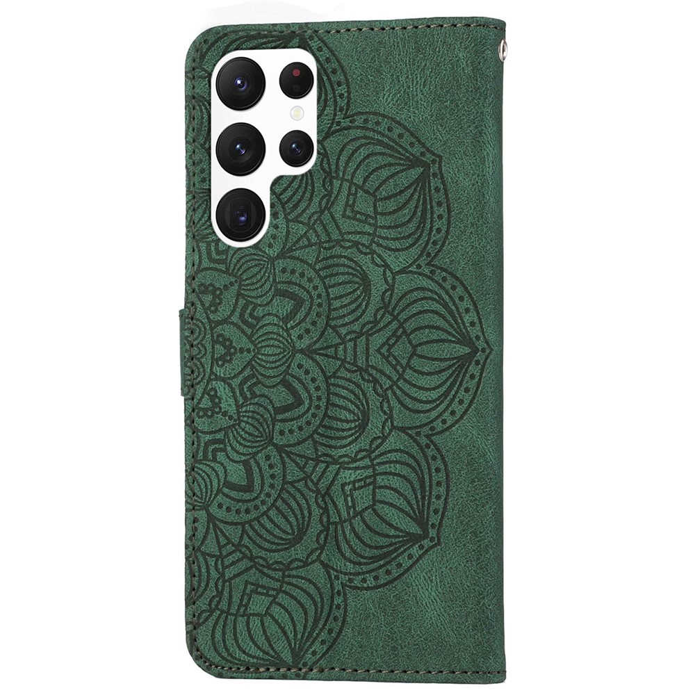 Mandala Flower Imprinted Phone Case for Samsung Galaxy S22 Ultra 5G, PU Leather Stand Wallet Full Protection Cover - Green-10