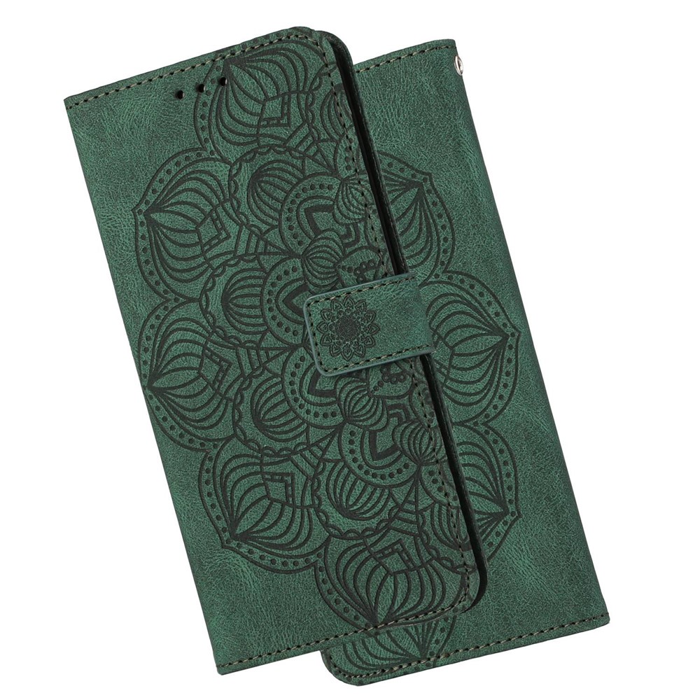Mandala Flower Imprinted Phone Case for Samsung Galaxy S22 Ultra 5G, PU Leather Stand Wallet Full Protection Cover - Green-11