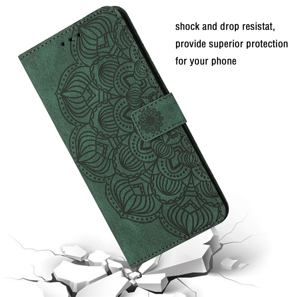 Mandala Flower Imprinted Phone Case for Samsung Galaxy S22 Ultra 5G, PU Leather Stand Wallet Full Protection Cover - Green-7