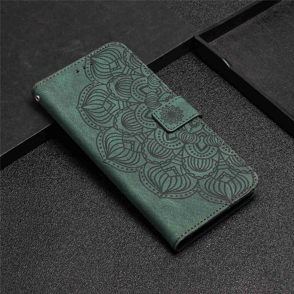Mandala Flower Imprinted Phone Case for Samsung Galaxy S22 Ultra 5G, PU Leather Stand Wallet Full Protection Cover - Green-8