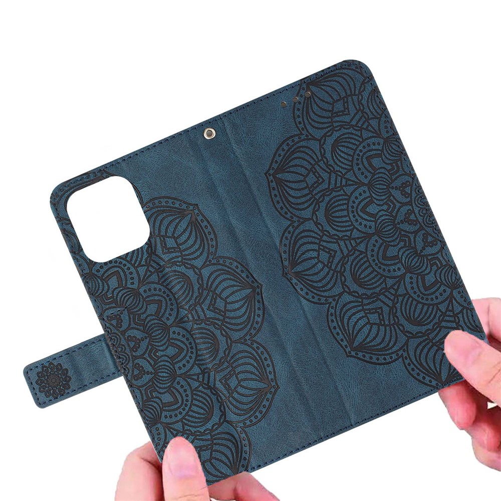 For Samsung Galaxy A22 4G (EU Version) Imprinting Mandala Flower PU Leather Cover Phone Stand Wallet Case with Handy Strap - Blue-4