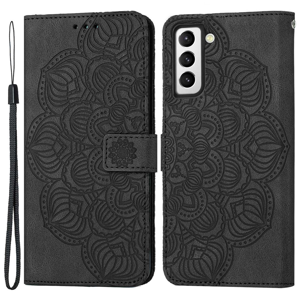 For Samsung Galaxy S22 5G Stand Wallet Phone Case PU Leather Imprinting Mandala Flower Protective Cover - Black-1