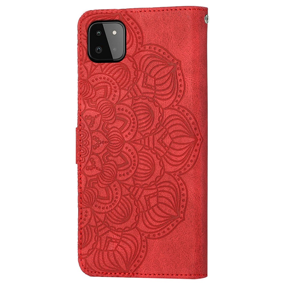 For Samsung Galaxy A22 5G (EU Version) PU Leather Wallet Case Mandala Flower Imprinted Folio Flip Stand Phone Cover - Red-10