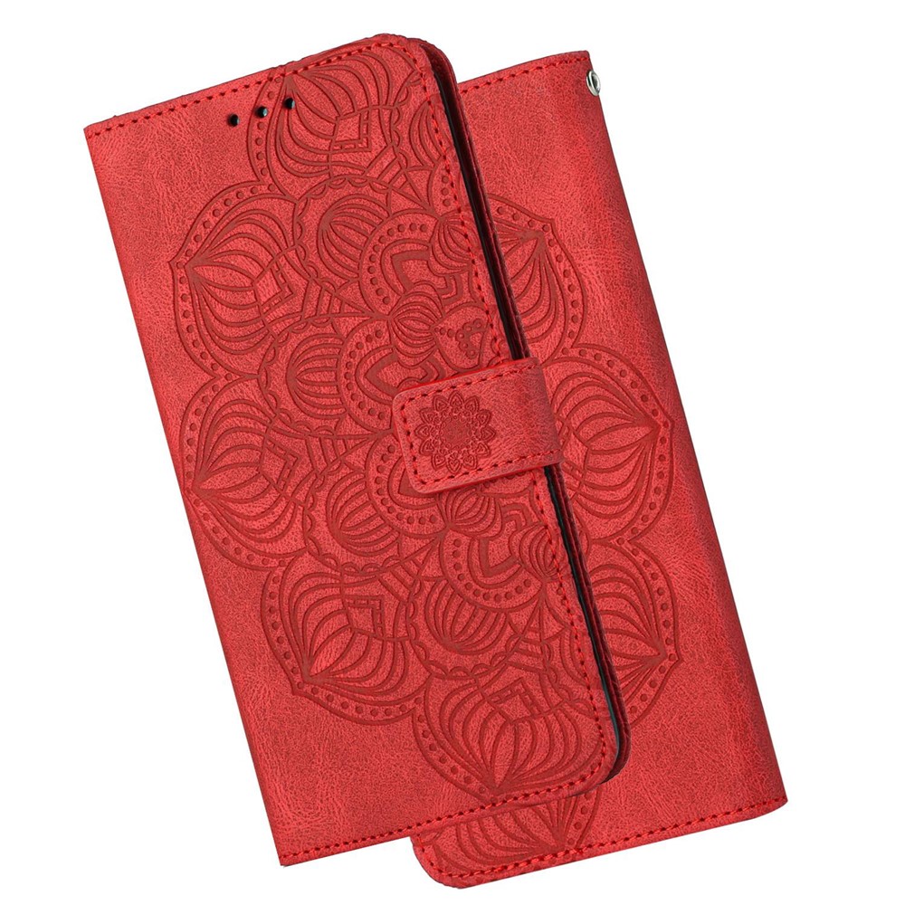 For Samsung Galaxy A22 5G (EU Version) PU Leather Wallet Case Mandala Flower Imprinted Folio Flip Stand Phone Cover - Red-11