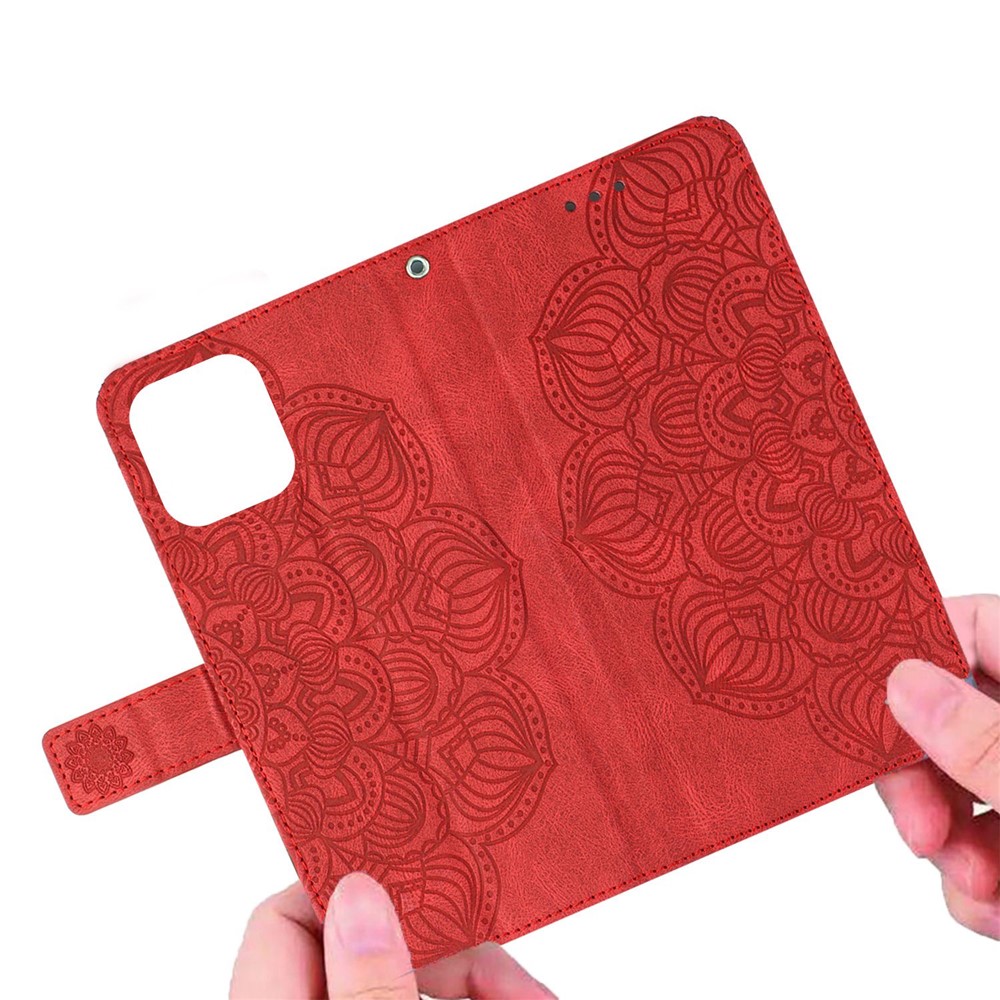 For Samsung Galaxy A22 5G (EU Version) PU Leather Wallet Case Mandala Flower Imprinted Folio Flip Stand Phone Cover - Red-4